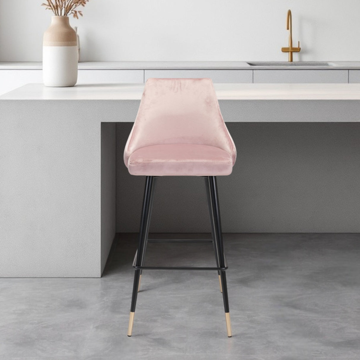 30" Pink And Black Velvet And Steel Bar Height Bar Chair