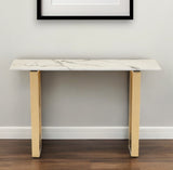 47" White and Gold Faux Marble Sled Console Table