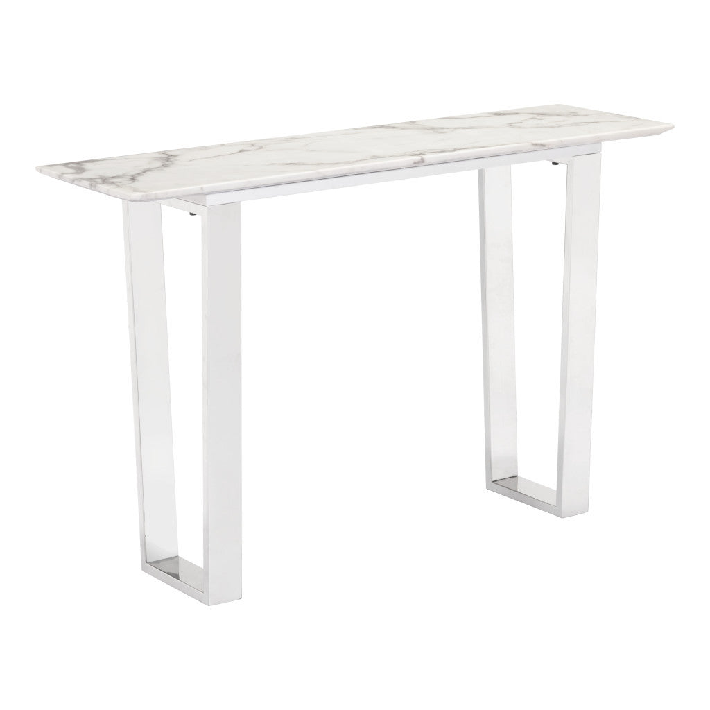 47" White and Silver Faux Marble Sled Console Table