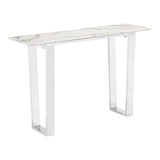 47" White and Silver Faux Marble Sled Console Table