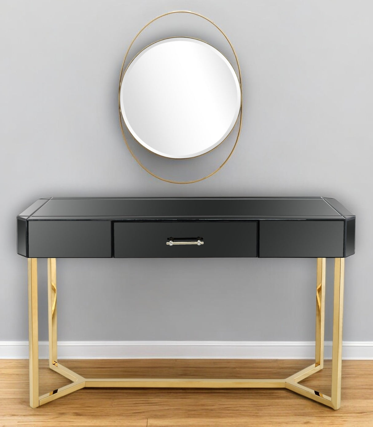 47" Black and Gold Mirrored Glass Frame Console Table And Drawers