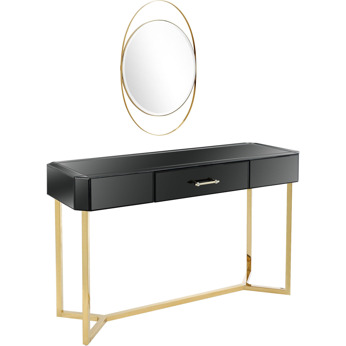 47" Black and Gold Mirrored Glass Frame Console Table And Drawers