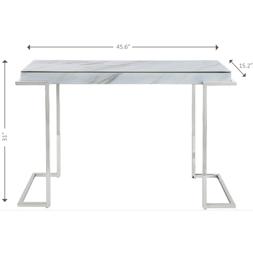 46" White and Silver Genuine Marble Sled Console Table