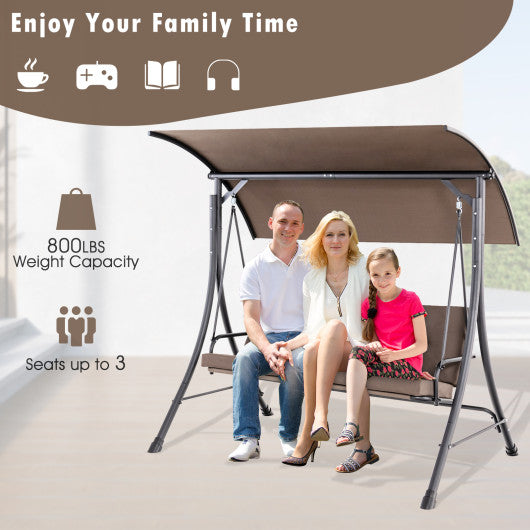 3-Seat Outdoor Porch Swing with Adjustable Canopy and Padded Cushions-Brown