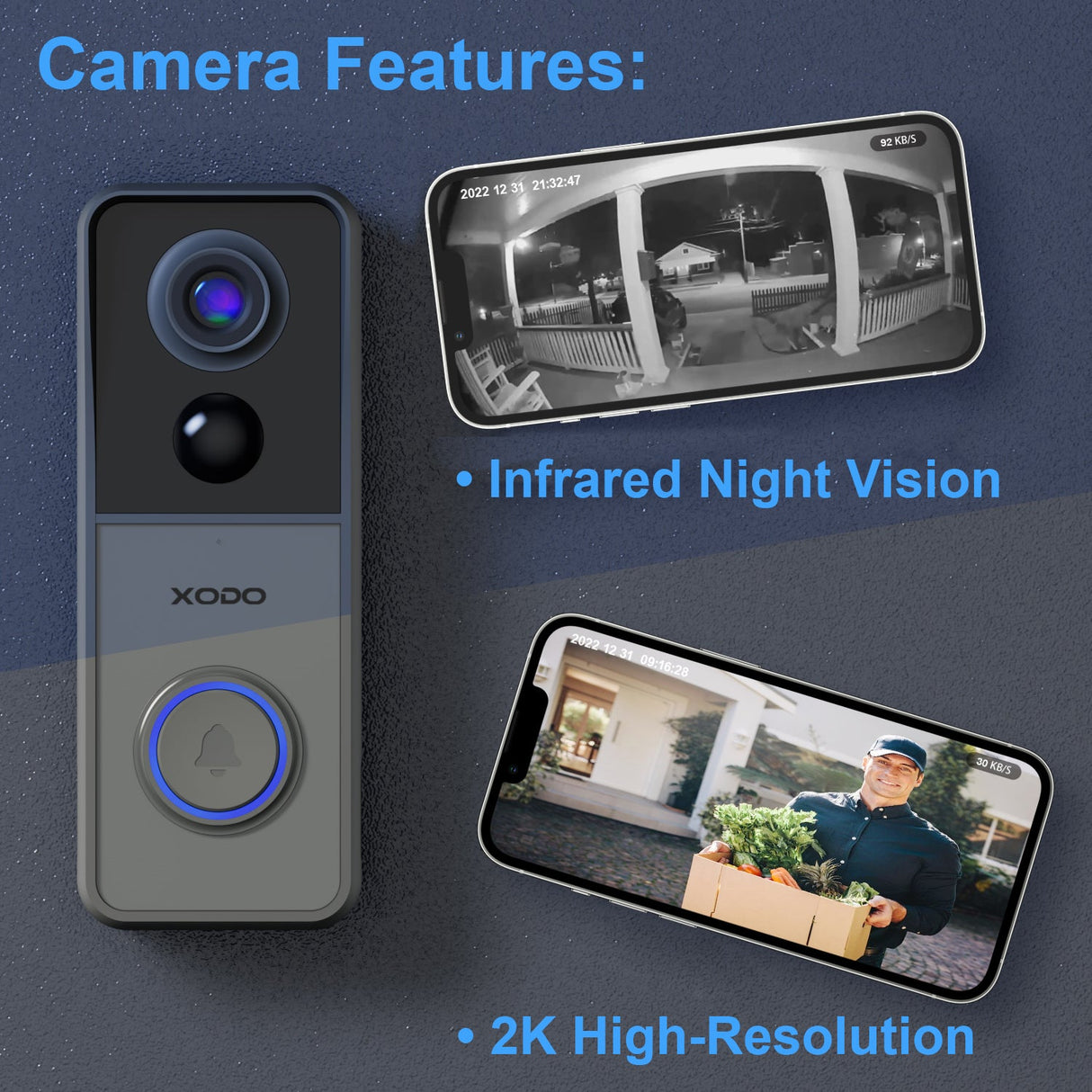 Xodo VD2 Smart Wifi Wireless Video Doorbell with 2K QHD Camera and Chime by Contixo