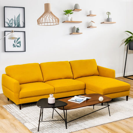 L-Shaped Fabric Sectional Sofa with Chaise Lounge and Solid Wood Legs-Yellow