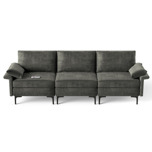 Large 3-Seat Sofa Sectional with Metal Legs and 2 USB Ports for 3-4 people-Silver
