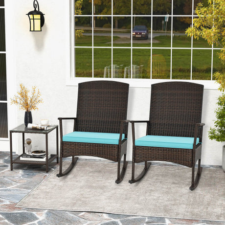 3 Piece Patio Rocking Set Wicker Rocking Chairs with 2-Tier Coffee Table-Turquoise