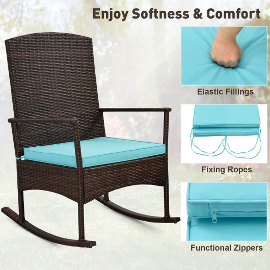 3 Piece Patio Rocking Set Wicker Rocking Chairs with 2-Tier Coffee Table-Turquoise