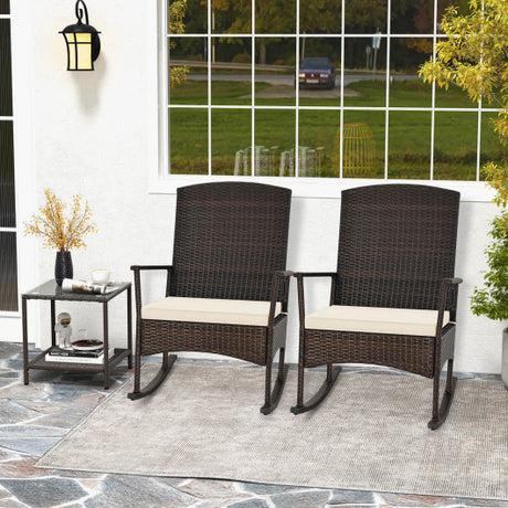3 Piece Patio Rocking Set Wicker Rocking Chairs with 2-Tier Coffee Table-Off White