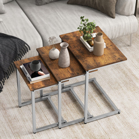 3 Pieces Multifunctional Coffee End Table Set-Rustic Brown
