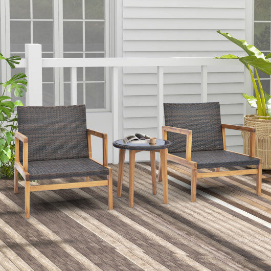 3 Pieces Patio Furniture Set with Cushioned Chairs and Tempered Glass Side Table-Brown