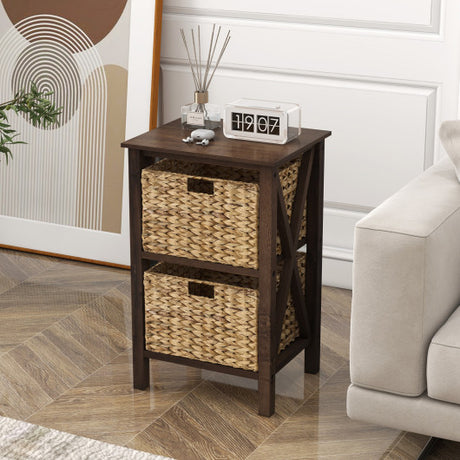 3/4-Tier Nightstand with 2 Seagrass Baskets Narrow X-Design-3-Tier