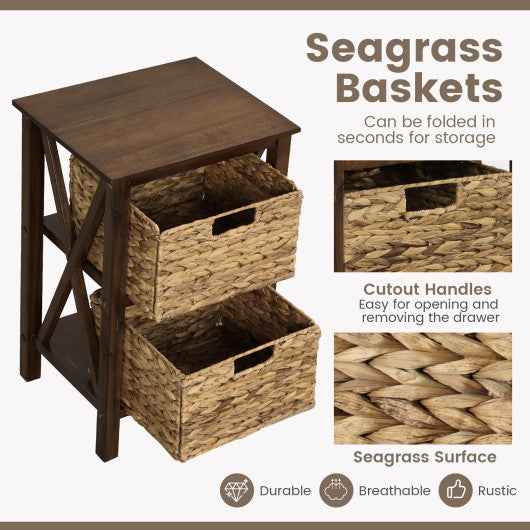 3/4-Tier Nightstand with 2 Seagrass Baskets Narrow X-Design-3-Tier