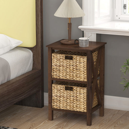 3/4-Tier Nightstand with 2 Seagrass Baskets Narrow X-Design-3-Tier