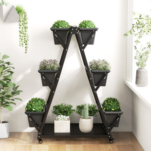 3-Tier Vertical Raised Garden Bed with 4 Wheels and 6 Container Boxes-Black
