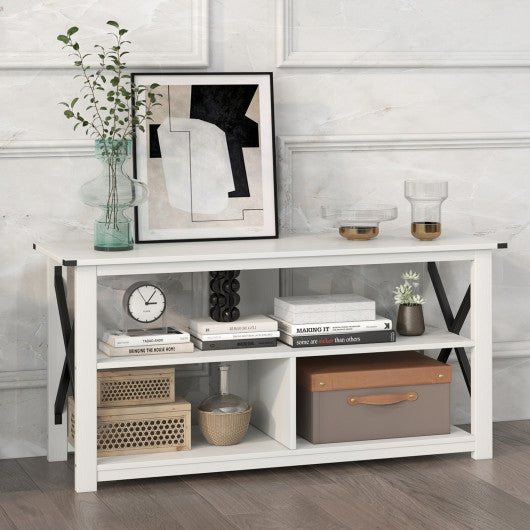 3 Tier Wood TV Stand for 55-Inch with Open Shelves and X-Shaped Frame-White