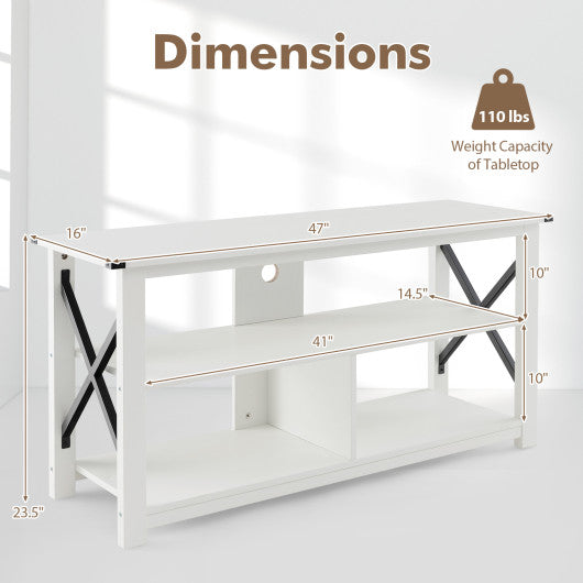 3 Tier Wood TV Stand for 55-Inch with Open Shelves and X-Shaped Frame-White