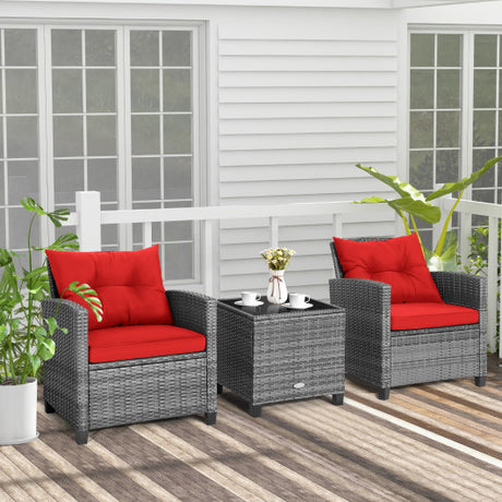 3 Pieces Outdoor Wicker Conversation Set with Tempered Glass Tabletop-Red