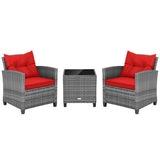 3 Pieces Outdoor Wicker Conversation Set with Tempered Glass Tabletop-Red
