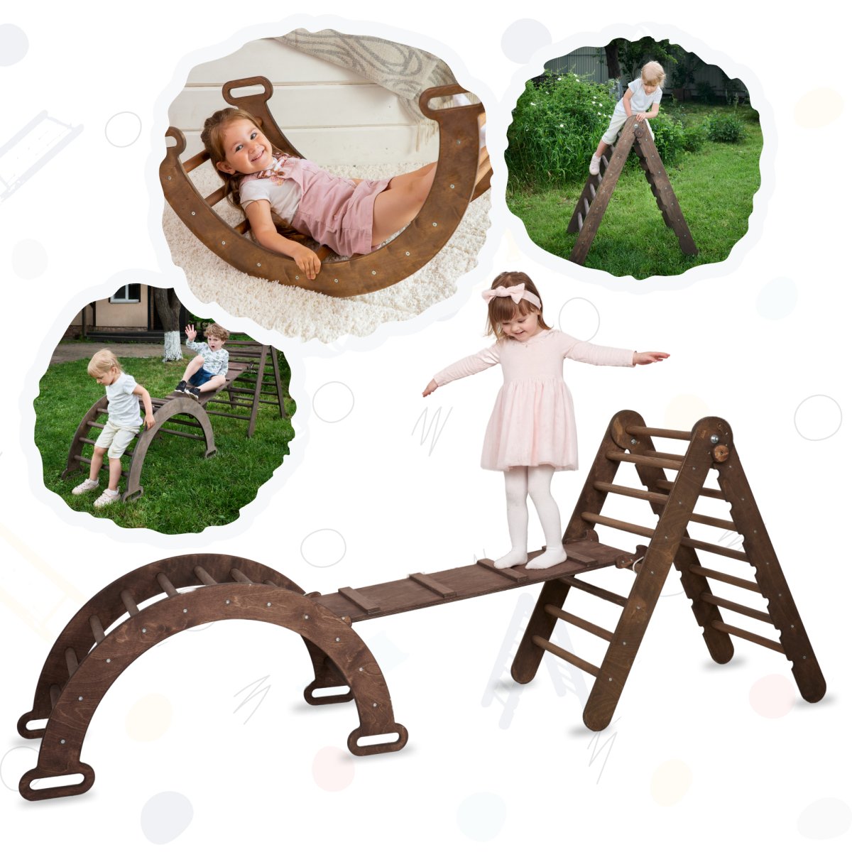 3in1 Montessori Climbing Set: Triangle Ladder + Wooden Arch + Slide Board – Chocolate NEW