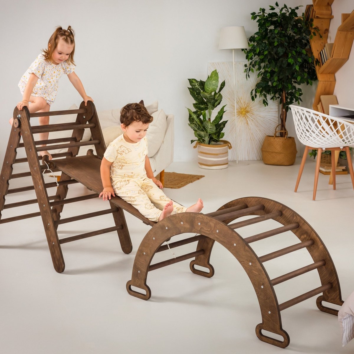 3in1 Montessori Climbing Set: Triangle Ladder + Wooden Arch + Slide Board – Chocolate NEW