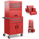 3-in-1 6-Drawer Rolling Tool Chest Storage Cabinet with Universal Wheels and Hooks-Red