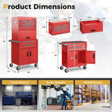 3-in-1 6-Drawer Rolling Tool Chest Storage Cabinet with Universal Wheels and Hooks-Red