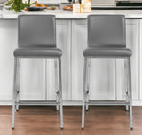 Set of Two 26" Gray And Silver Faux Leather And Steel Low Back Counter Height Bar Chairs