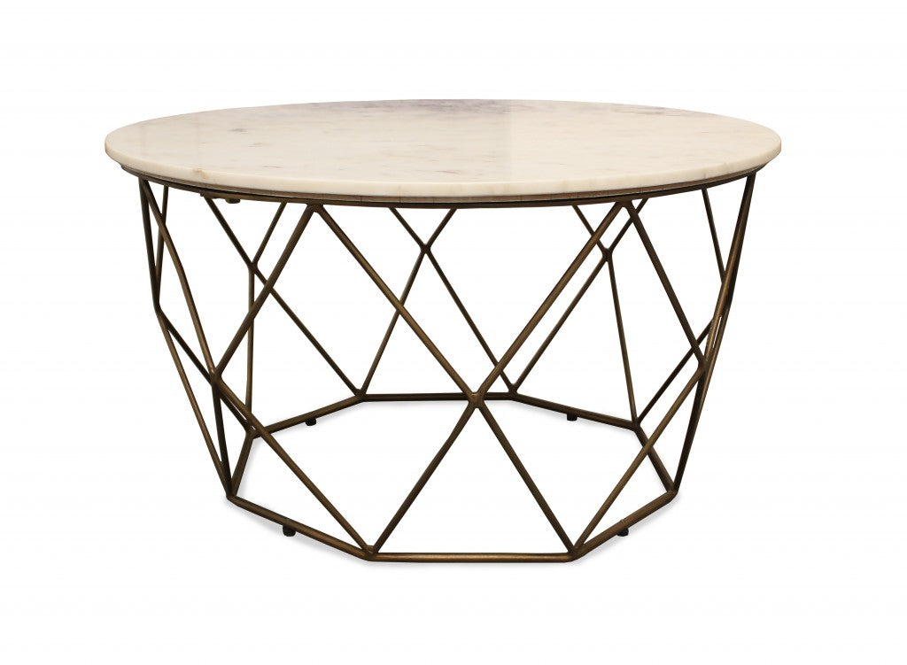 32" Ivory And Brass Genuine Marble And Metal Round Coffee Table