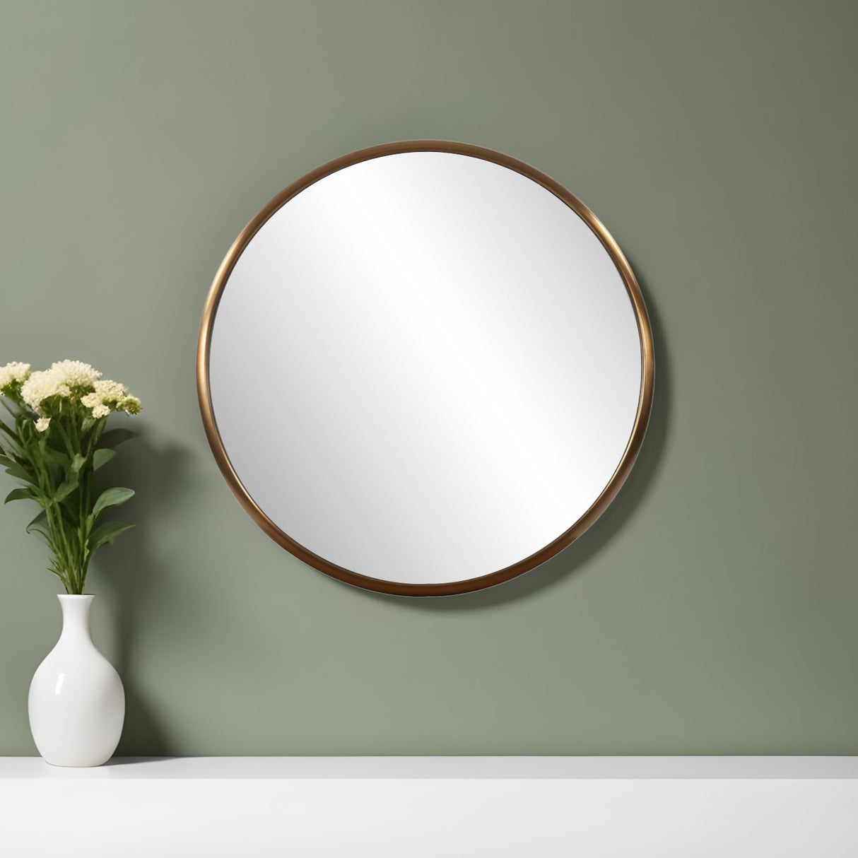 20" Antiqued Brass Round Metal Framed Accent Mirror