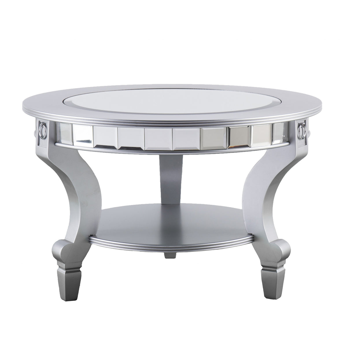 29" Silver Mirrored And Metal Round Mirrored Coffee Table