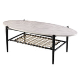 52" Black and White Metal and Faux Marble Boho Rope Oval Coffee Table