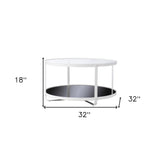 32" White Glass And Metal Two Tier Round Coffee Table