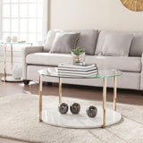 33" Gold Glam Glass And Faux Marble Two Tier Round Coffee Table