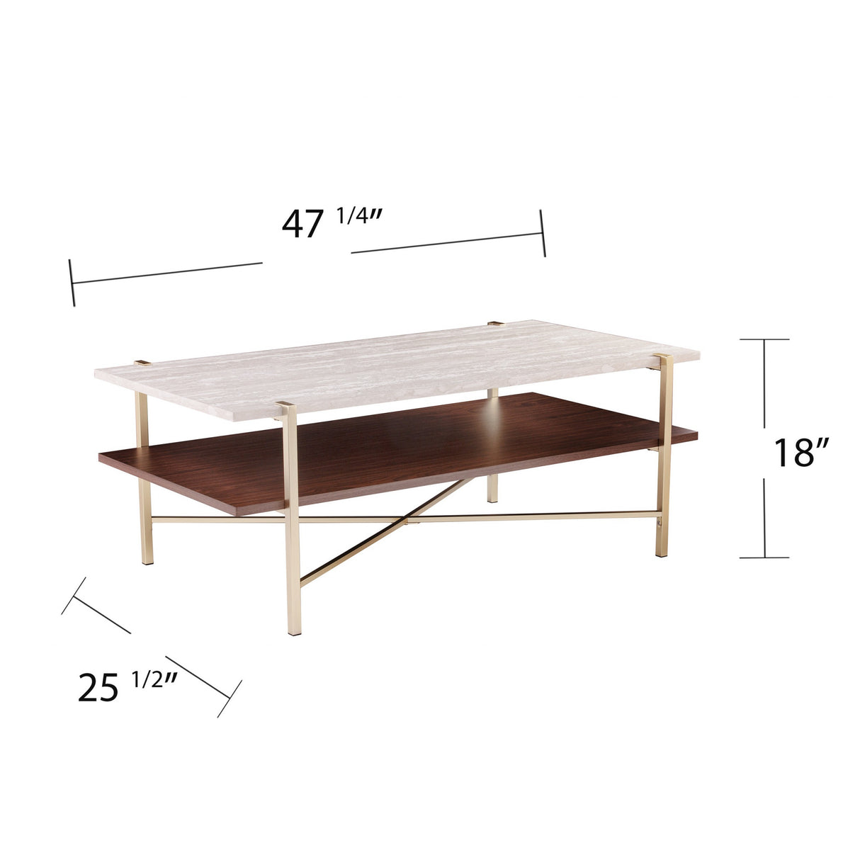 47" Brass Manufactured Wood And Metal Rectangular Coffee Table