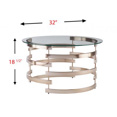 32" Champagne Glass And Metal Round Coffee Table
