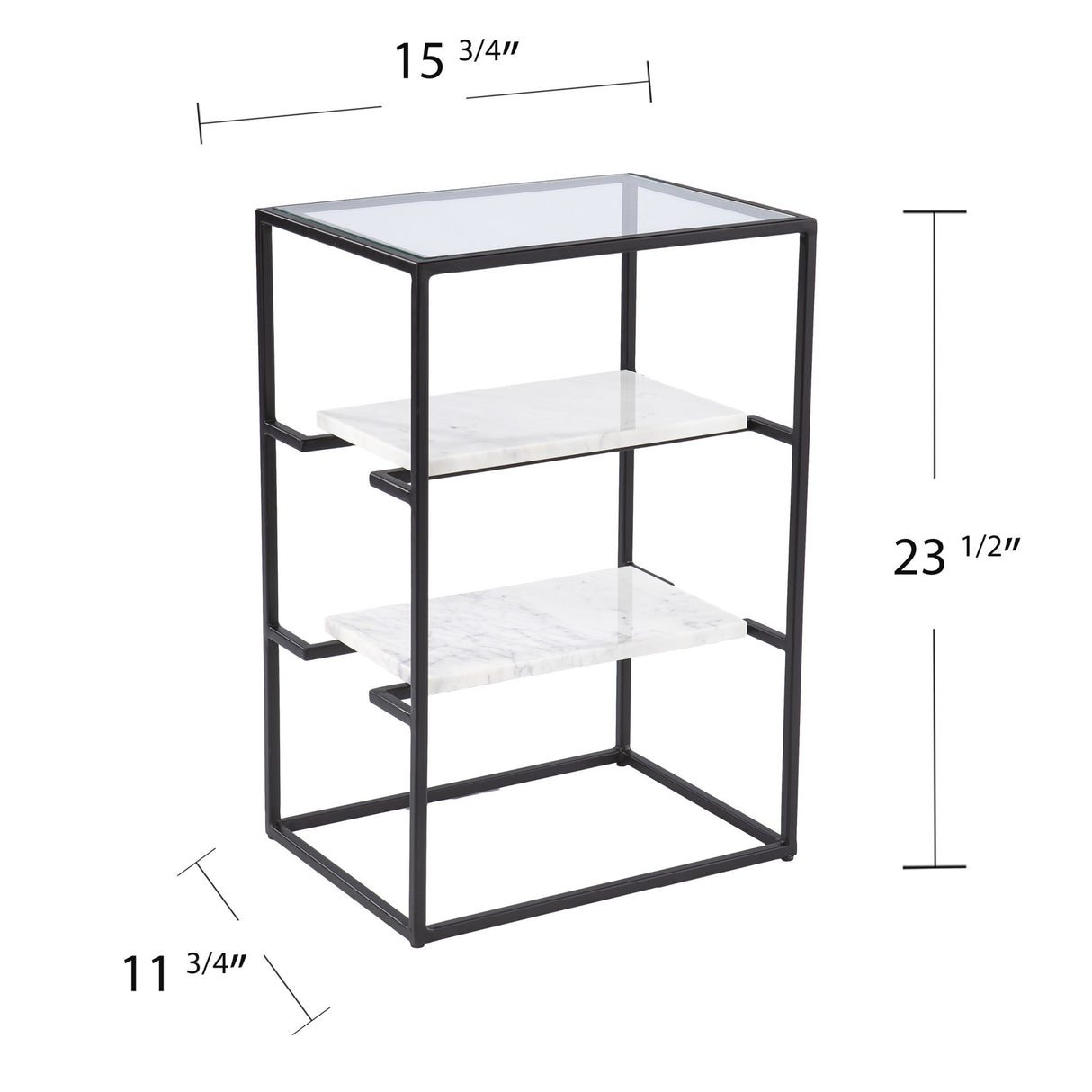 24" Black Glass and Marble Rectangular End Table With Two Shelves