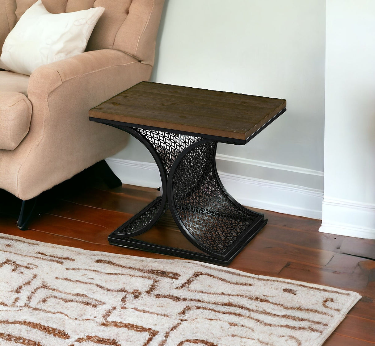 19" Black And Brown Wood And Iron End Table