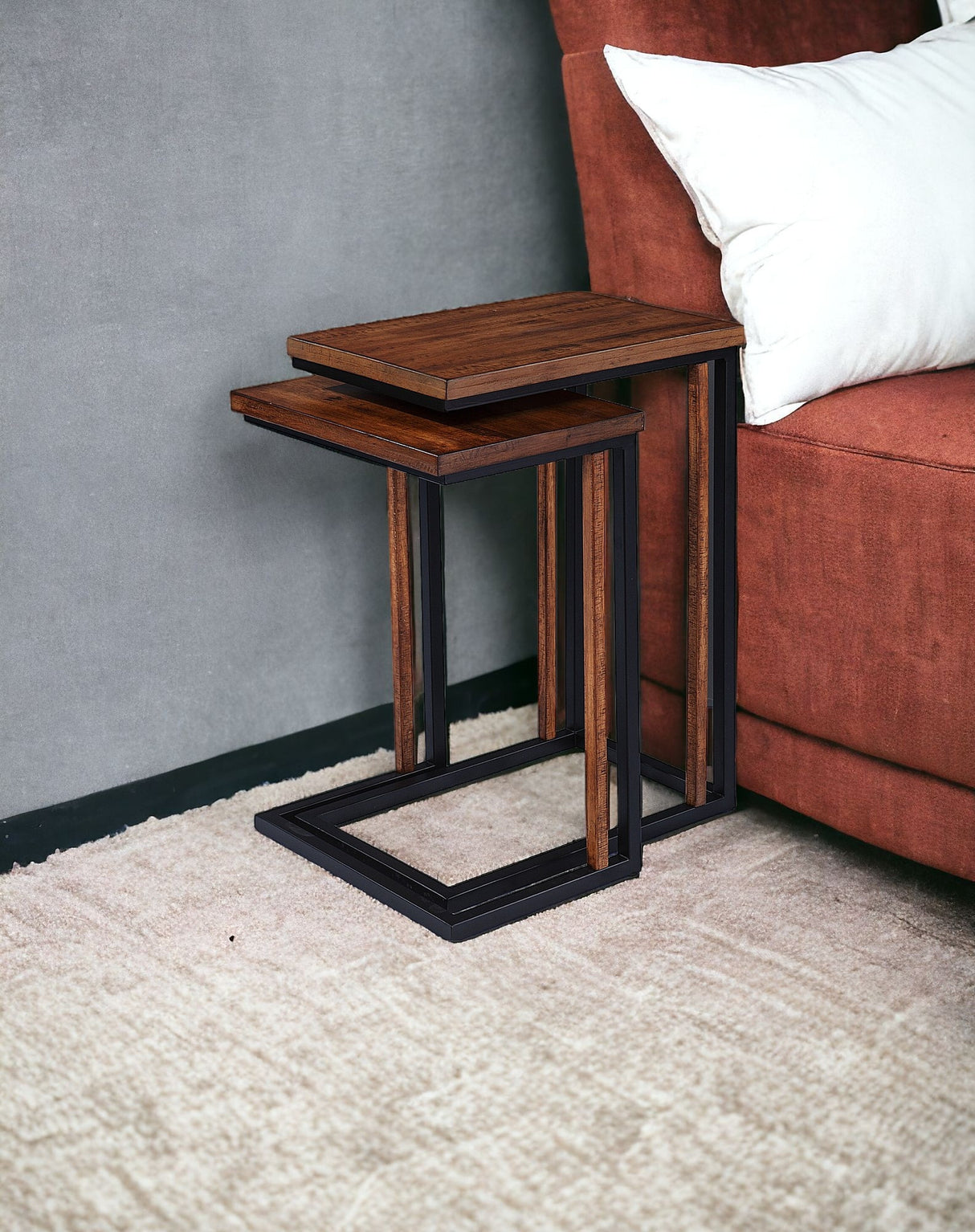 Set Of Two 25" Brown Solid Wood Rectangular Nested End Tables