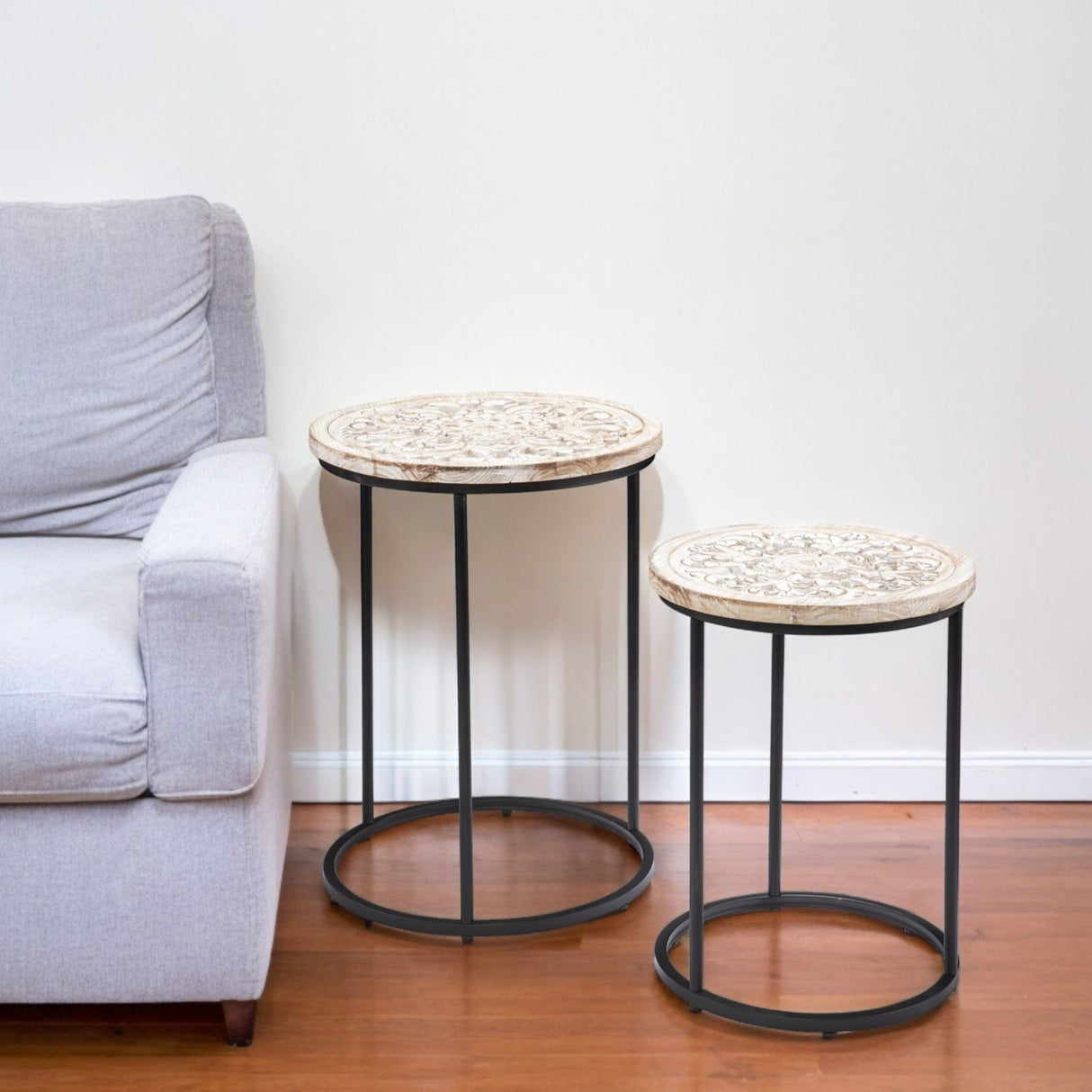 Set Of Two 25" White Solid Wood And Iron Square End Tables