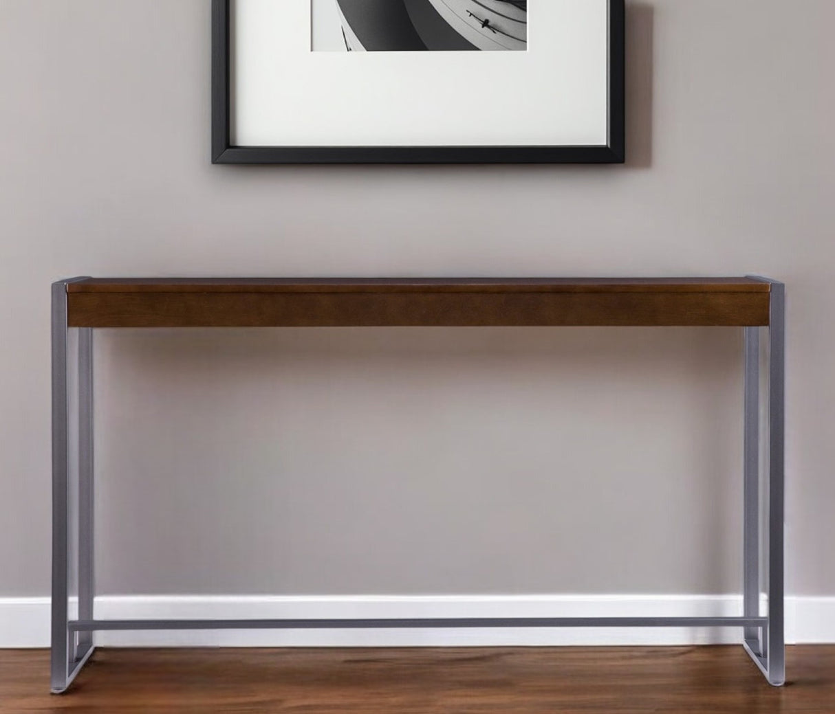 54" Dark Brown and Gunmetal Sled Console Table