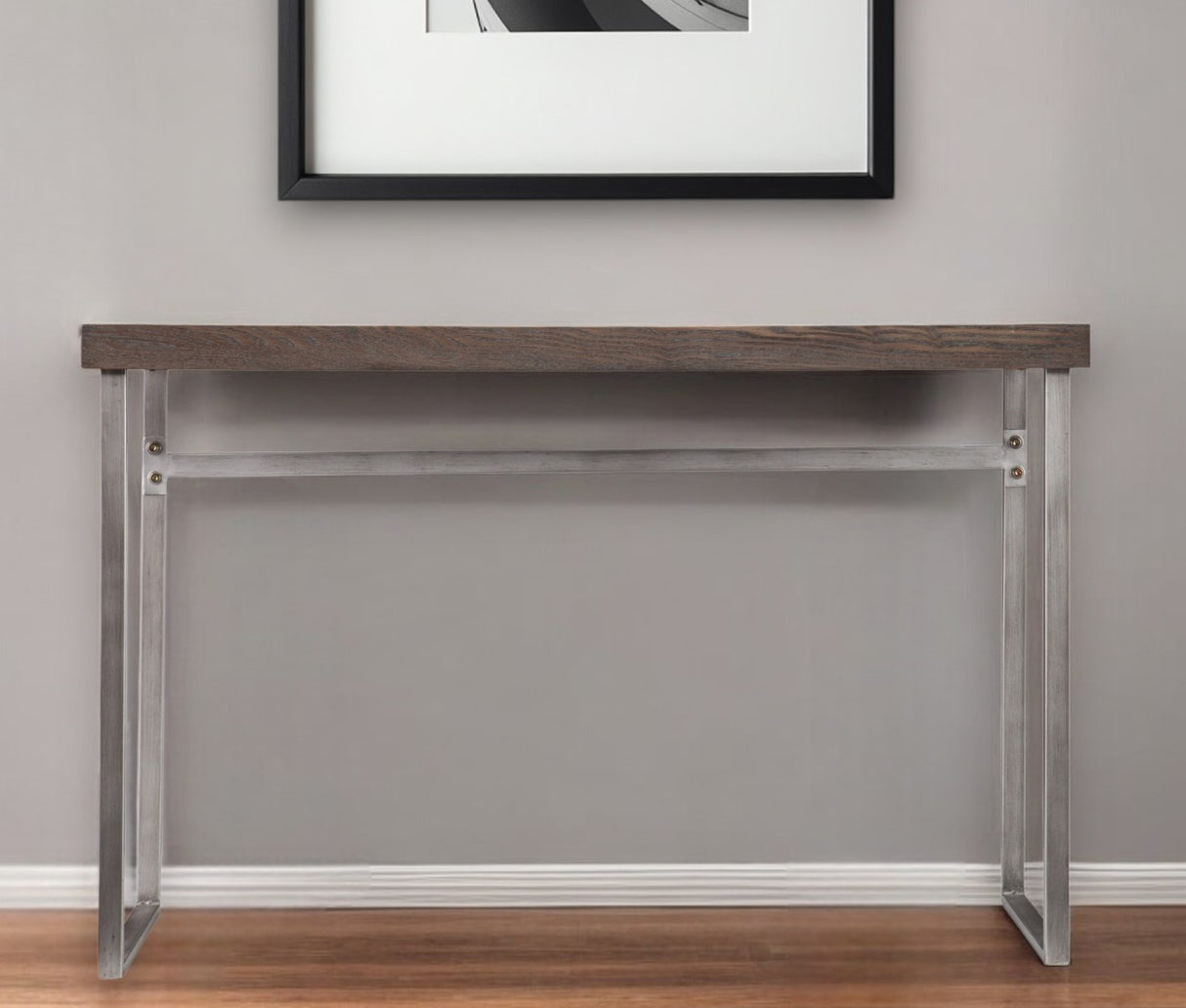 46" Gray Brown and Silver Distressed Sled Console Table