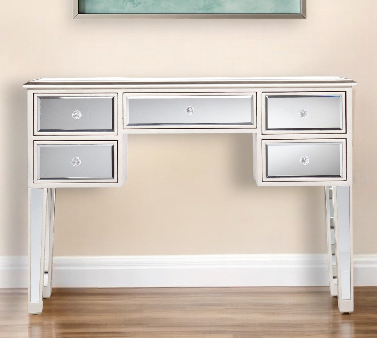 43" Silver Mirrored Glass Console Table And Drawers