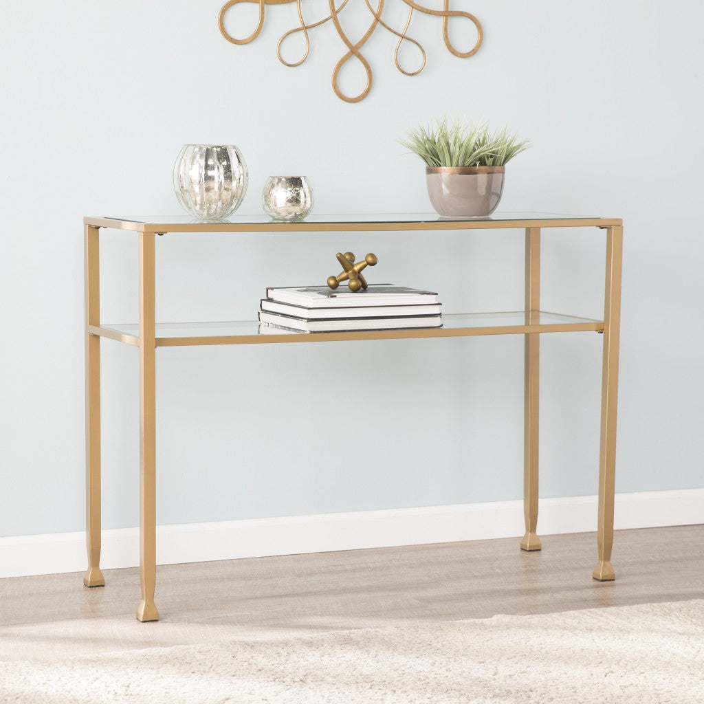 43" Clear and Gold Glass Console Table With Shelves