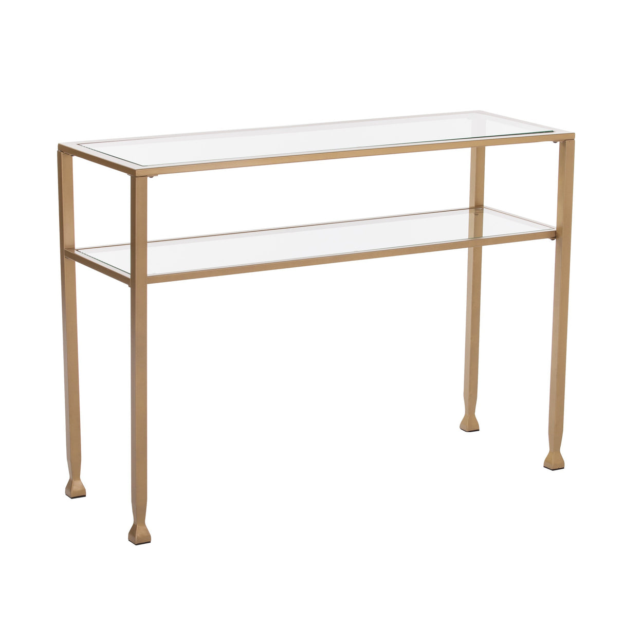 43" Clear and Gold Glass Console Table With Shelves