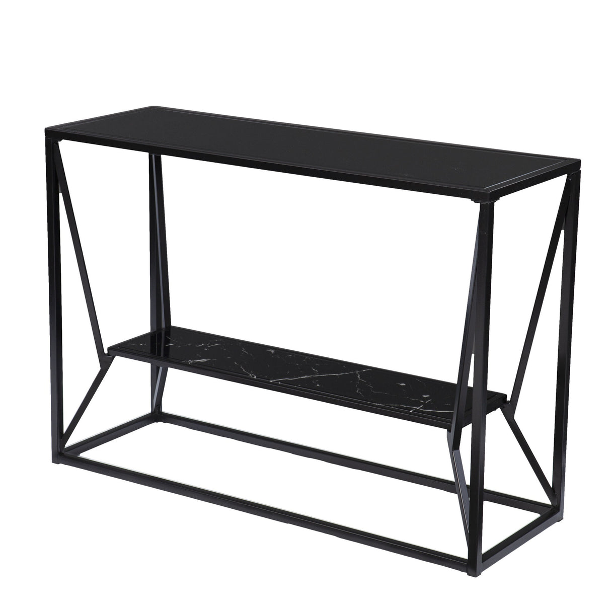 42" Black Glass Frame Console Table With Shelves