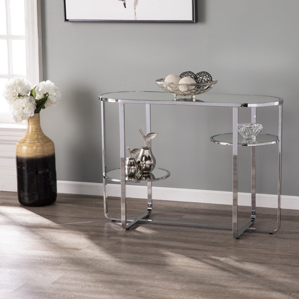 42" Silver Mirrored Glass Oval Cross Leg Console Table With Shelves