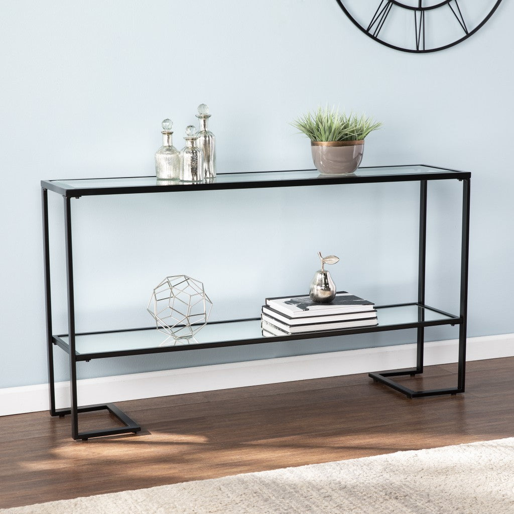 52" Clear and Black Glass Mirrored Sled Console Table With Shelves