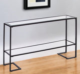 52" Clear and Black Glass Mirrored Sled Console Table With Shelves